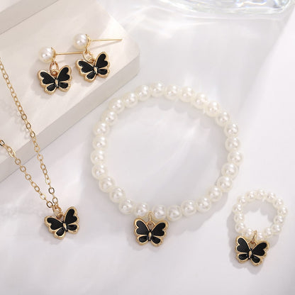 Pearl Butterfly Jewelry Set Oil Drop Butterfly Pendant Pearl Bracelet Earrings Necklace Girls Jewelry