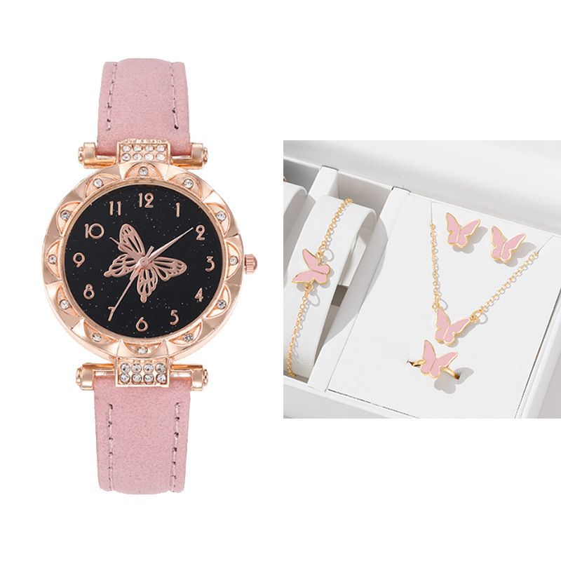 6PCS Women's Watch Earrings Rings Necklace Bracelet Set Ladies' Butterfly Jewelry Set Women's Wristwatch Leather Strap Quartz Watch Ladies' Butterfly Watch Set