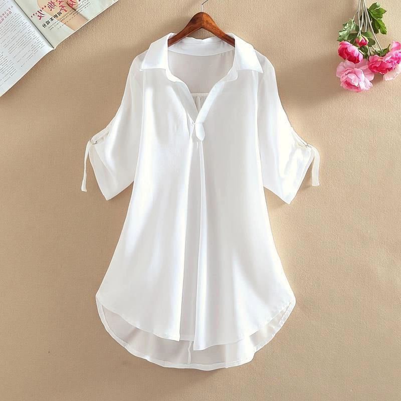 1 PC Medium To Long Shirt Short Sleeve Top Lady Shirt Short Sleeved Chiffon Shirt For Women In Plus Size Loose Fit Waist Cinching Slimming Chiffon Top Lady Wear Trendy