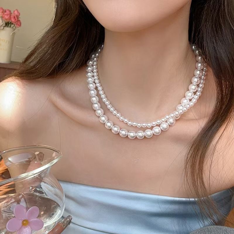 New French temperament geometric pearl double-layer necklace fashionable simple high-end clavicle chain fashionable versatile necklace