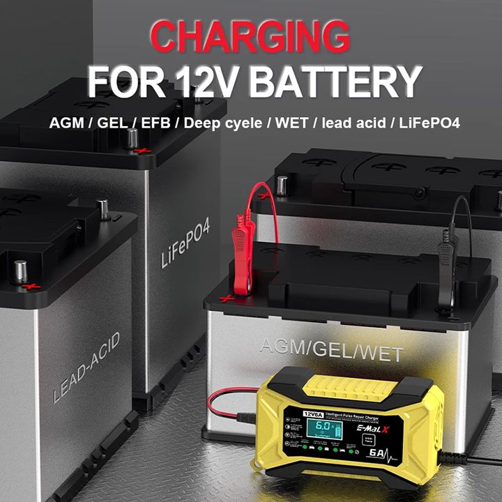 12V 6A Car Battery Charger Fully Automatic Intelligent Pulse Car Motorcycle Ship Battery Charger Pulse Repair LiFePO4 14.6V Smart Fast Charge AGM Deep Cycle GEL Lead-Acid Charger For Auto Motorcycle