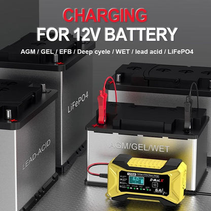 12V 6A Car Battery Charger Fully Automatic Intelligent Pulse Car Motorcycle Ship Battery Charger Pulse Repair LiFePO4 14.6V Smart Fast Charge AGM Deep Cycle GEL Lead-Acid Charger For Auto Motorcycle