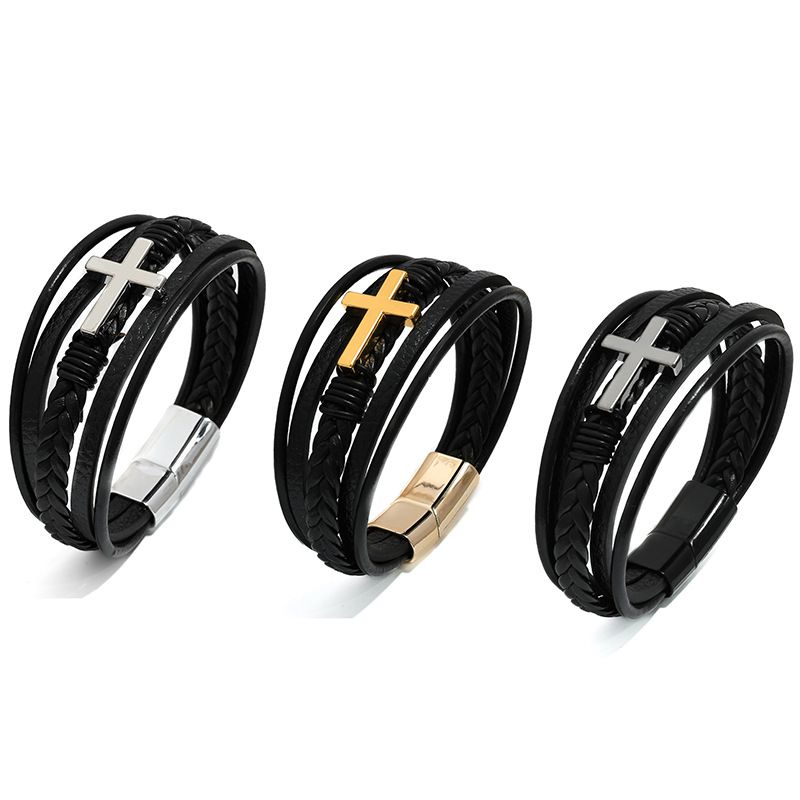 Cross leather bracelet for men multi-layer hand woven rope magnetic buckle genuine leather bracelet