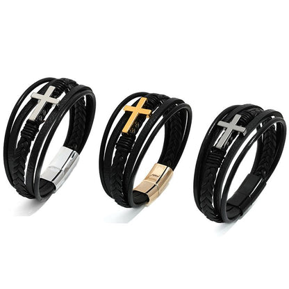 Cross leather bracelet for men multi-layer hand woven rope magnetic buckle genuine leather bracelet