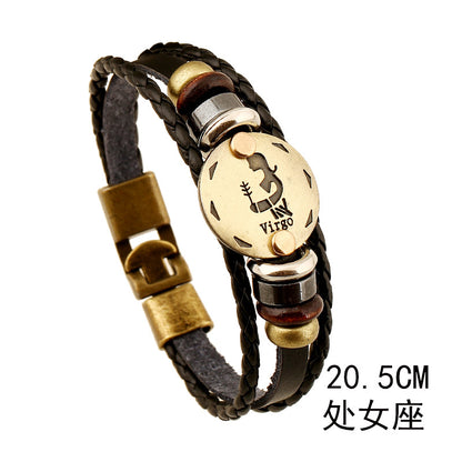 12 Constellations Multi-layer Leather Cuff Chain Lucky Charm Fashion Bronze Alloy Buckles Bracelets