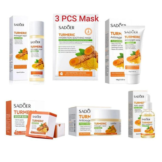 Tumeric Moisturizing And Skin Glowing Skin Care Set: Turmeric Face Cream+Soap + Serum +Face Masks + Toner+ Face Cleanser For Treating Dark Spots,...