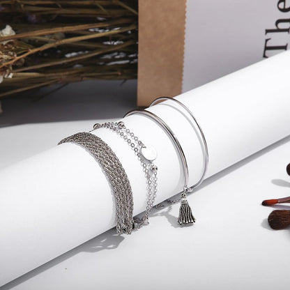 4-piece bracelet sets Simple silver glossy tassel bracelet, personalized multi-layer chain wafer