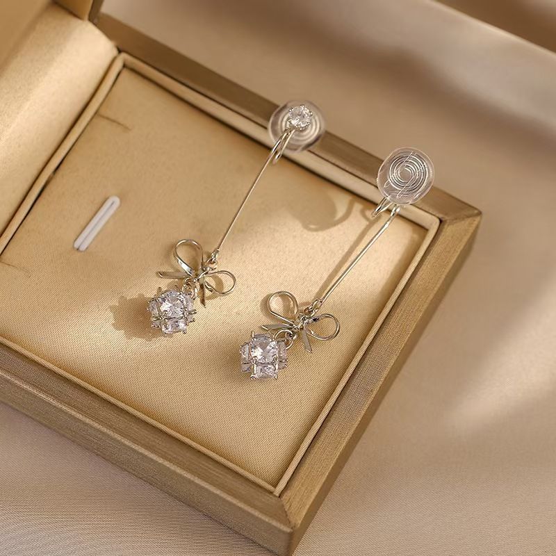 Long bow earrings advanced sense light luxury temperament simple zircon earrings studs fashion personality earrings female summer