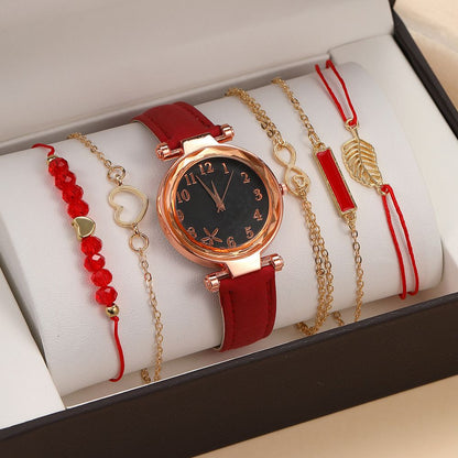 5PCS Set Watch For Women Luxury Leather Analog Ladies Quartz Wrist Watch Fashion Bracelet Watch Set Female Relogio Feminino