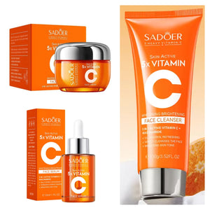 Sadoer 3 in 1 Skin Active 5 X Vitamin C Cleanser + Serum + Cream, The Trio Combination Guarantees Deep Hydration and Skin Water Locking, Brightening the Skin Tone, Nourish The Skin, Whiten Black Spot