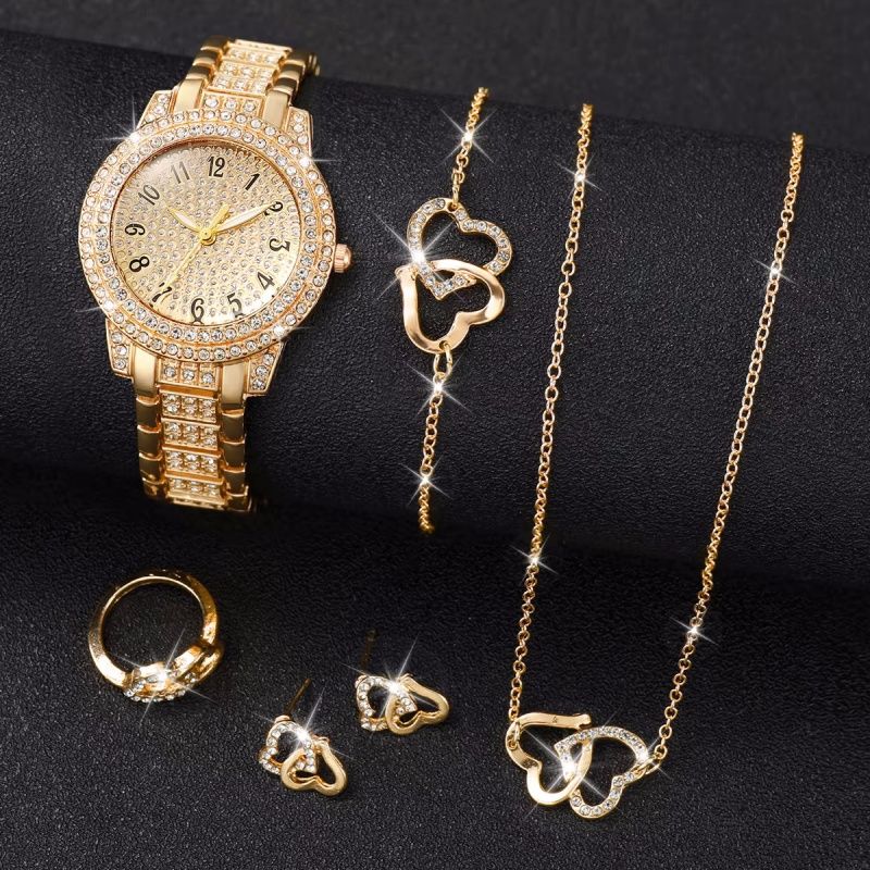 6PCS/Set Women's Watch Fashion Rhinestone StainlessSteel Band Quartz Watches Heart Jewelry Set