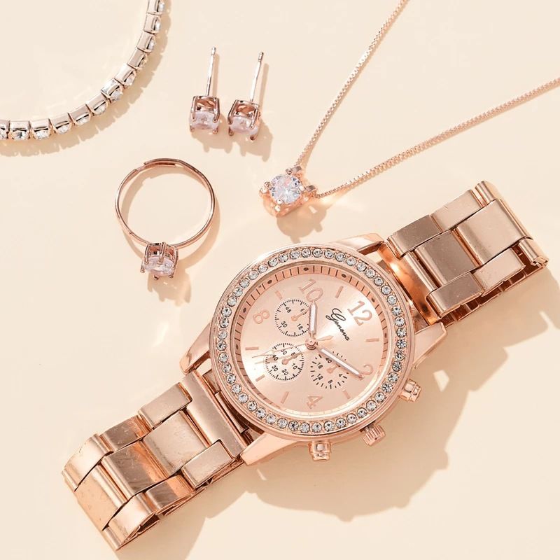 5pcs/set Women's Casual Quartz Watch Jewelry Women's Diamond Watch Ring Necklace Earrings Bracelet Set Wristwatch Female Casual Ladies Quartz Watches