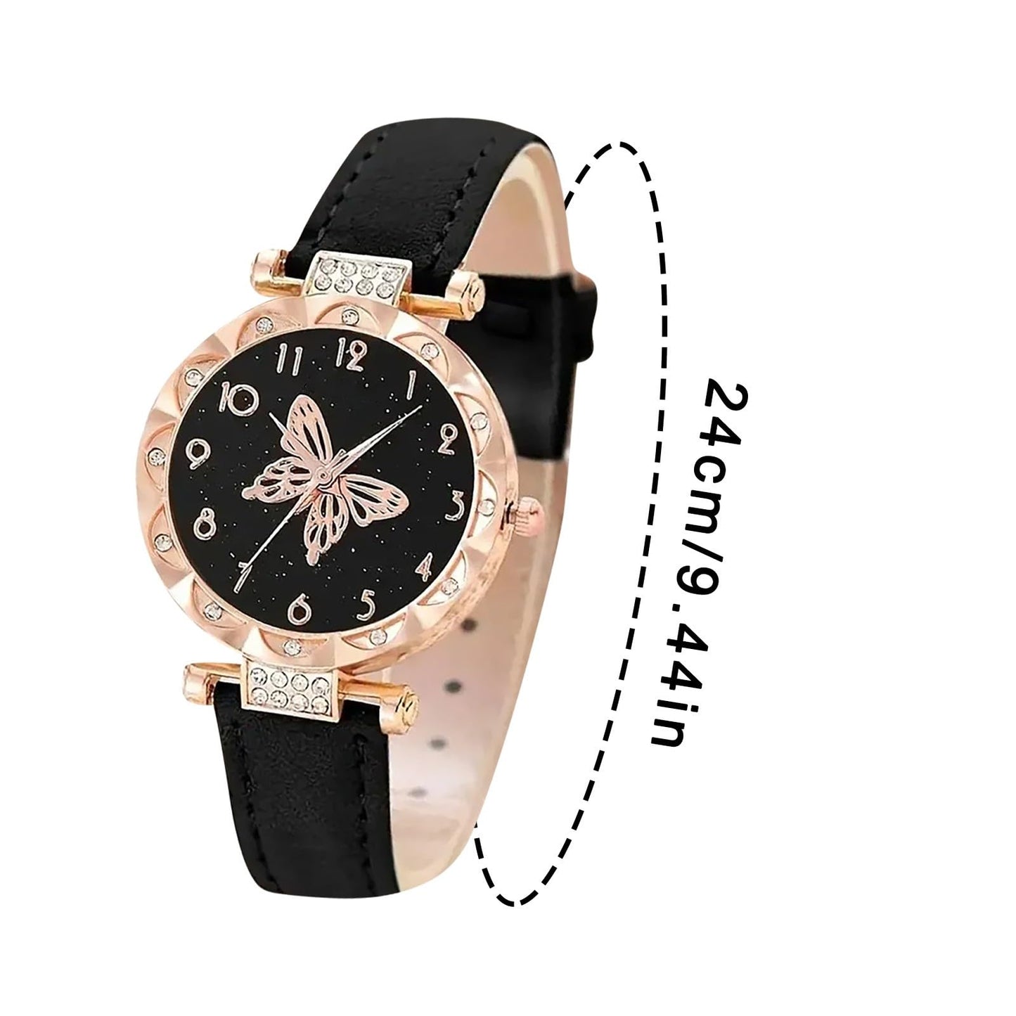 6PCS Women's Watch Earrings Rings Necklace Bracelet Set Ladies' Butterfly Jewelry Set Women's Wristwatch Leather Strap Quartz Watch Ladies' Butterfly Watch Set