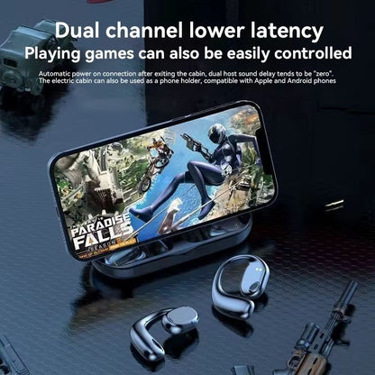 Wireless Bluetooth Earphone Bone Conduction Headphones Sports Earbud Ear-hook Waterproof Noise Reduction Earpods Display Touch Control Game Earpiece with Charging Case