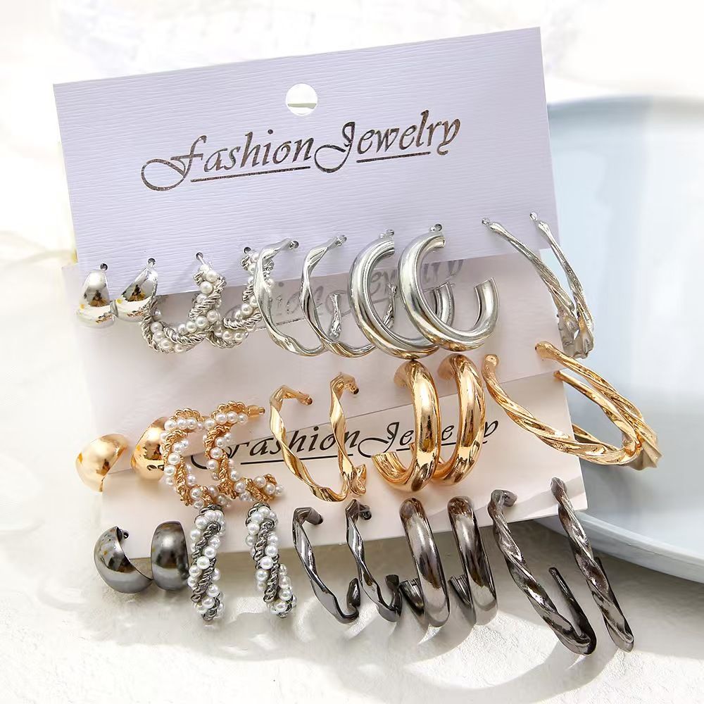 5 sets Vintage Pearl earrings Metallic Gold earrings Geometric Fashion jewelry personality Trendy light luxury High metallic gold and silver oval earrings for women