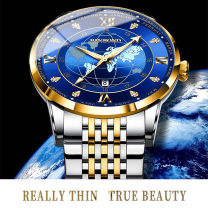 Brand BINBOND Men Quartz Watches Date Calendar Luminous Wristwatch Fashion Men Casual Stainless Steel WaterproofClock