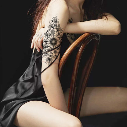 6 Pcs Waterproof Black Flower Pattern Body Tattoo Stickers - Durable, Long-Lasting for 3-5 Days, Suitable for Men and Women on Arm, Chest, Tummy, Back