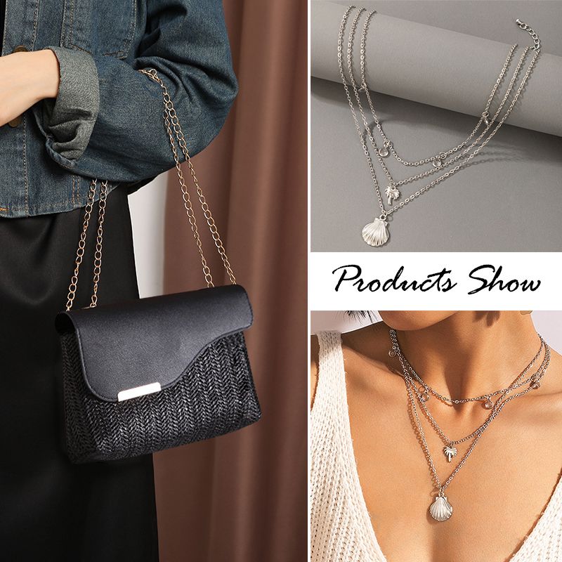 Women Small Cross-body Bag Ladies Chain Bag Phone Bag Clutch Mini Straw Sling Bag (Necklace free gift)