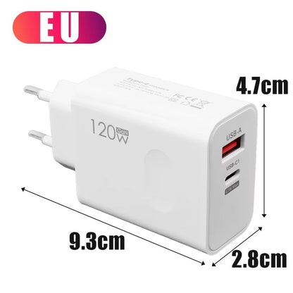 2 Ports USB A PD 120W Charger EU Fast Charging Phone Type-C Charger QC 3.0 Adapter Head for iPhone Samsung Xiaomi Redmi