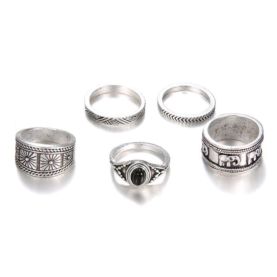 Popular joint rings European and American bohemian style totem black gemstone 5-piece rings