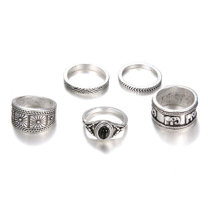 Popular joint rings European and American bohemian style totem black gemstone 5-piece rings