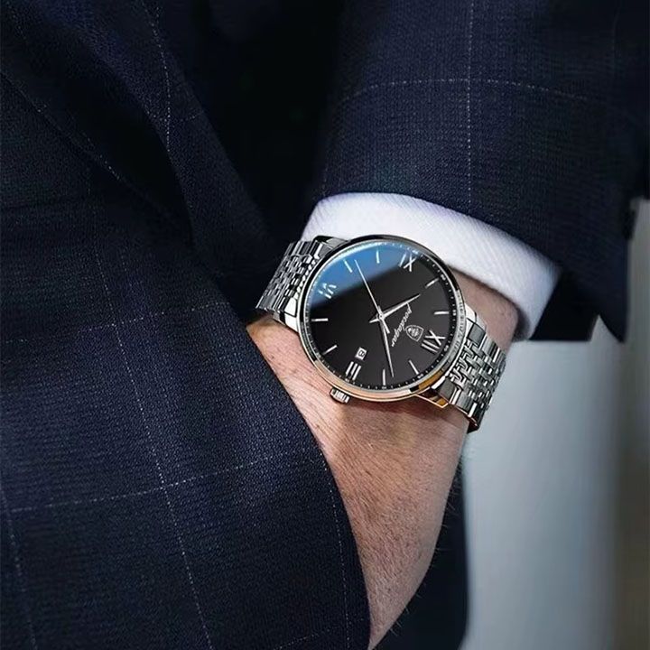 POEDAGAR Men watches Waterproof Luminous Date Week Men's Quartz Dual Calendar Wristwatch Stainless Steel Fashion Sports Men Watches High Quality Quartz Clock Business Men's Watches