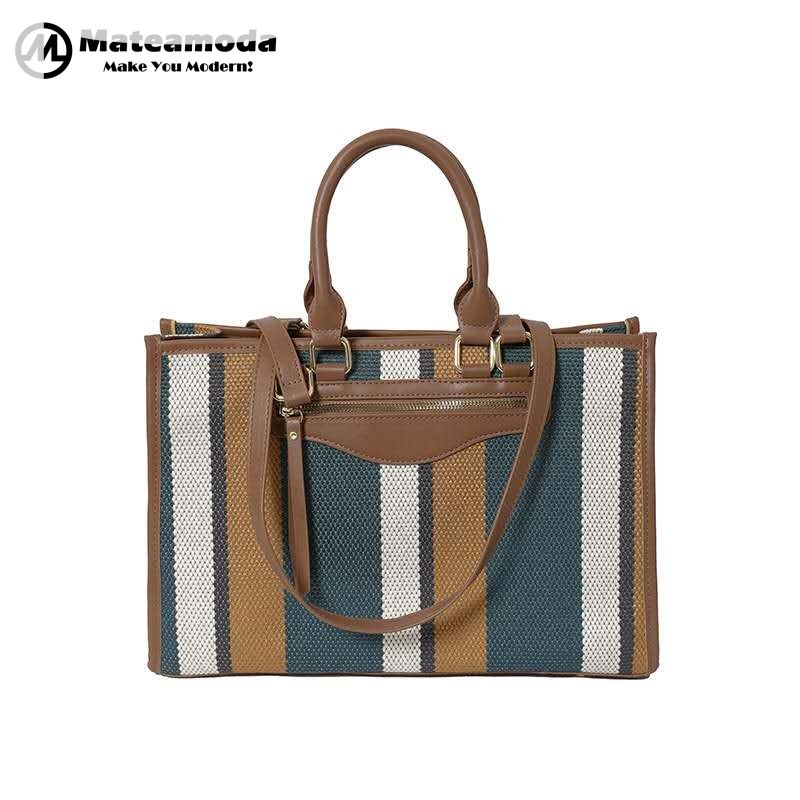 Mateamoda Elegant Striped Tote Bag with Rich Leather Accents Crossbody Bag Underarm Handbag