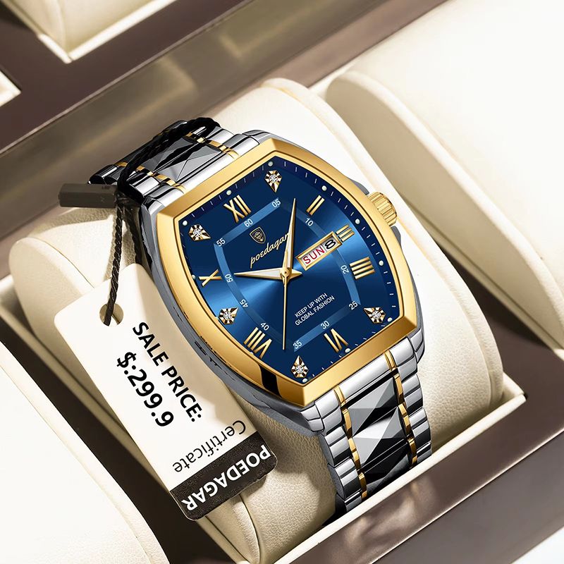 POEDAGAR Luxury Stainless Steel Watches for Man Luminous Waterproof Date Week Men Watch Tonneau Case Men's Quartz Watches