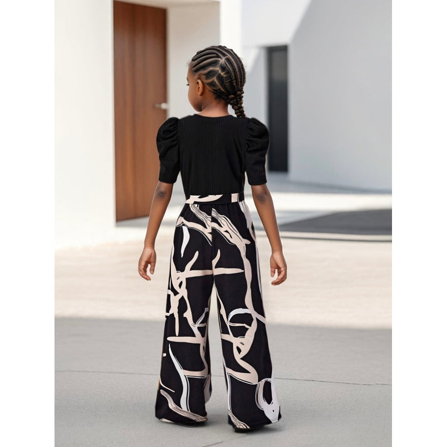 Two-Piece Set(T-shirt+Pants) Girls' Summer - Bubble Sleeve Top & Floral Print Wide Leg Pants, Trendy Casual Outfit for Kids with Vintage Chic Style