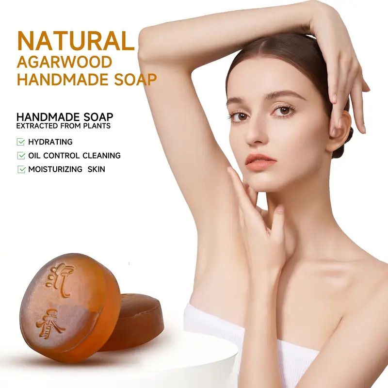 100g Natural Handmade Agarwood Soap with Foaming Net, Moisturizing, Formaldehyde Free, Olive Oil, Long-Lasting Fragrance, Glycerin, Suitable for All Skin Types
