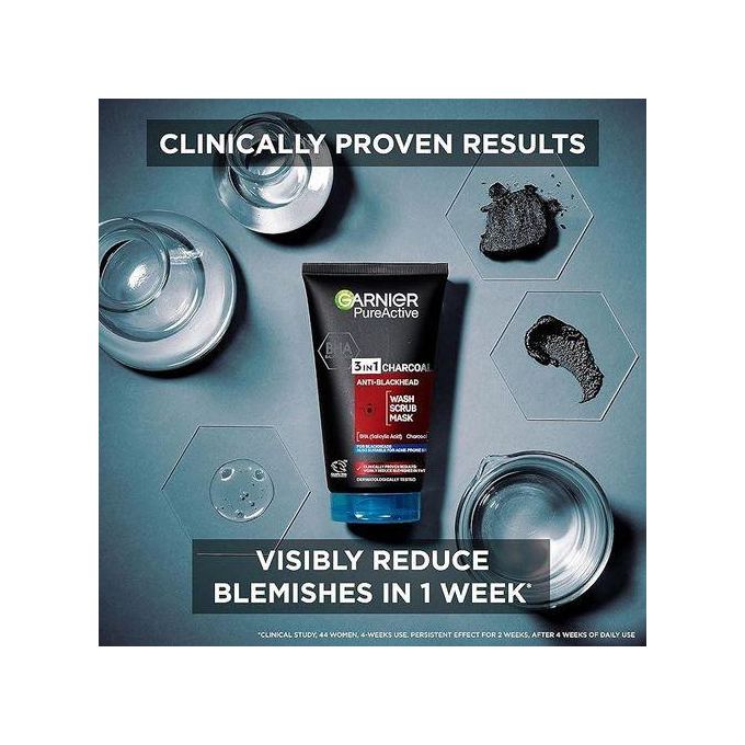 【Discounted】Garnier Pure Active 3 In1 Charcoal Anti Blackhead Mask Wash Scrub -100ml