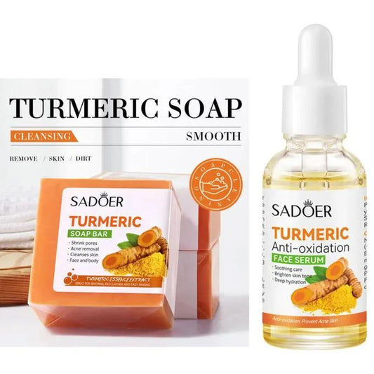 Sadoer 2 in 1 Set of Tumeric Anti Oxidation Turmeric Soap Bar + Turmeric Serum Anti Acne, Like Vitamin C, it is Effective in Acne Removal, Pore Shrinking and Skin Tone Brightening