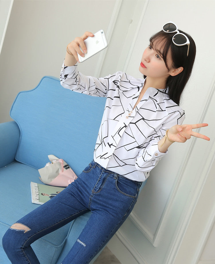 Blouses Smooth Cut Plus-Size Women's White Chiffon Shirt Fashion Commuter Striped Print Casual Long-Sleeved Top