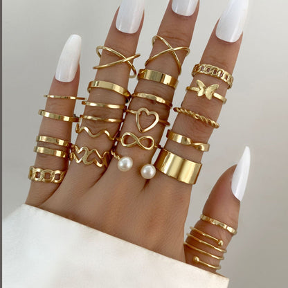 22PCS Women's Butterfly Rings Opening Multioint Rings Set Love Rings Female High Quality Accessories Women's Jewelry Set Used For Shooting Props Or Daily Wear