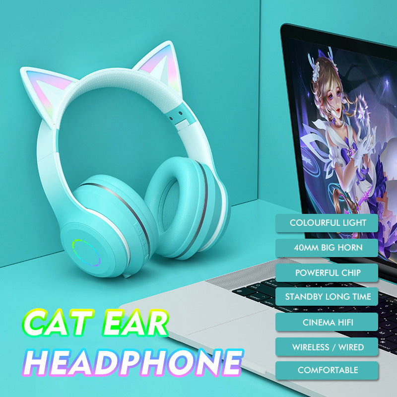 Headset gradient cat ears headset wireless BT headset with microphone girl net red live luminous headset Fashion Trend Bluetooth Earphones