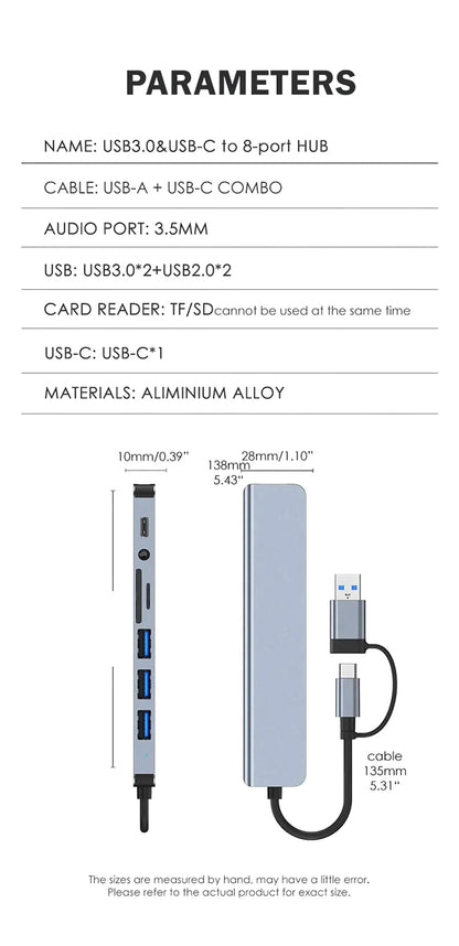 USB C Hub 8 In 1 Type C To Adapter SD/TF Card Reader PD Fast Charge 3.5 Audio Thunderbolt 3 USB Dock For MacBook Pro 8-in-1