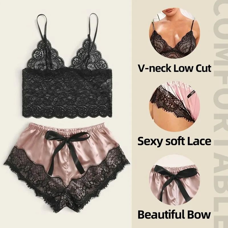 Women Lace Sexy Pajamas Nightclothes Black PINK L XL XXL V Neck Low Cut Lace Top And Ice Silky Shorts