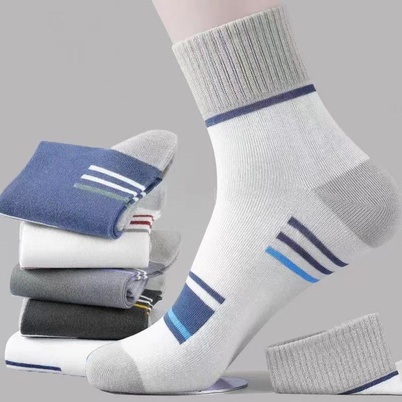 5PCS Men's autumn and winter socks with color blocking stripes, sweat absorbing, breathable, and odor proof midsole socks, simple and versatile