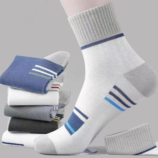 5PCS Men's autumn and winter socks with color blocking stripes, sweat absorbing, breathable, and odor proof midsole socks, simple and versatile