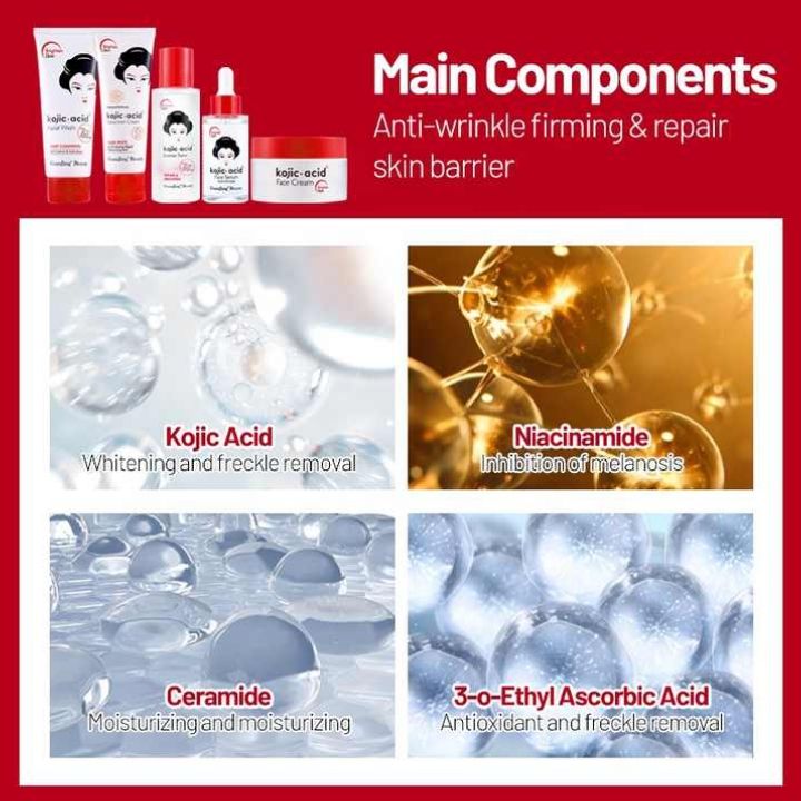 GuanJing Beauty Kojic Acid Skin Care Series 5 Piece Set of FACE CREAM + FACE SERUM + SUNSCREEN CREAM + FACIAL WASH + ESSENCE TONER Kit. Moisturizes, Fades Spots, Scars, Anti-Aging, Brightens.