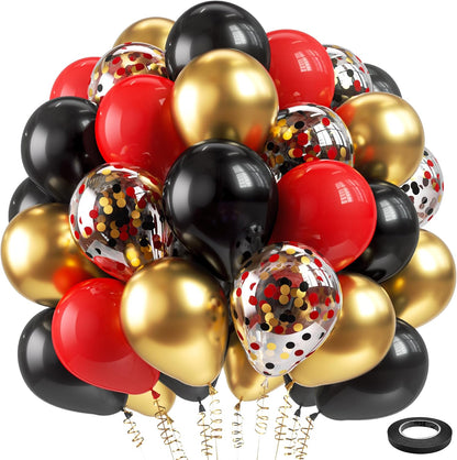 60pcs 12 inch Red Black and Gold Latex Balloons Metallic Chrome Confetti Balloons for Birthday, Wedding, Graduation, New Year, Casino Theme Party Decoration
