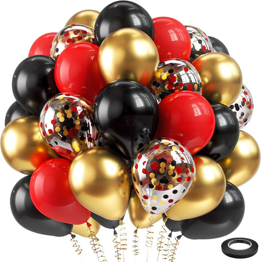 60pcs 12 inch Red Black and Gold Latex Balloons Metallic Chrome Confetti Balloons for Birthday, Wedding, Graduation, New Year, Casino Theme Party Decoration