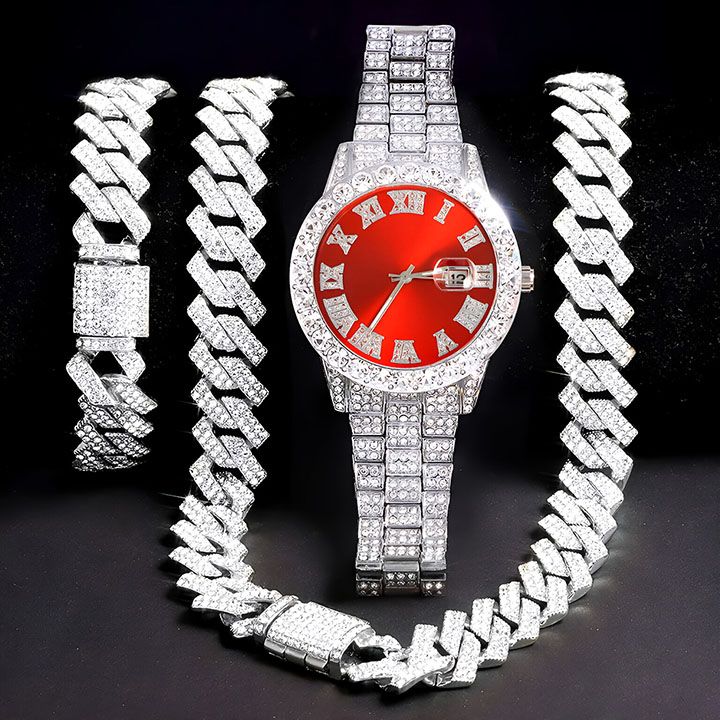 3pcs Men's Watch Set Necklace+Watch+Bracelet Rapper Cuban Chain For Men African Full Iced Out Watch, Jewelry Inlay Diamond Watch Big Chains Hip Hop With Strap Adjuster Stylish Jewelry Gift Set