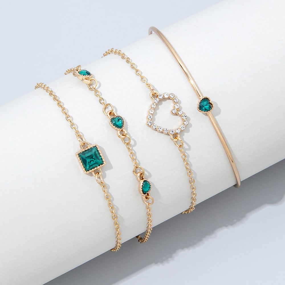 ZHJH 4PCS Women's Gold Bracelet Set Punk Layered Stackable Gold Bracelet With Open Cuffs Wrapped Bracelet Chain Ankle Chain Suitable Emerald inlaid with diamonds For Girls' Fashion Jewelry