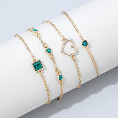 ZHJH 4PCS Women's Gold Bracelet Set Punk Layered Stackable Gold Bracelet With Open Cuffs Wrapped Bracelet Chain Ankle Chain Suitable Emerald inlaid with diamonds For Girls' Fashion Jewelry