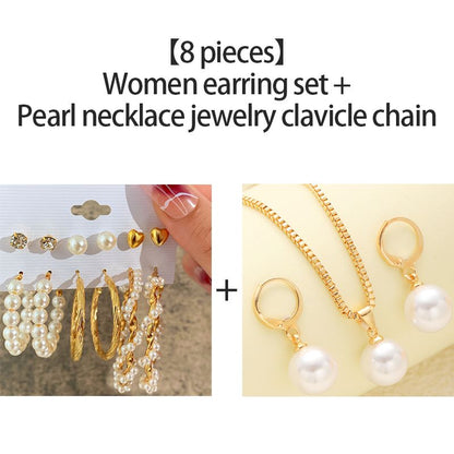8pcs/Set Earrings Sets + Necklace Women Jewelry Clavicle Chain Creative Personality Cameo Earrings Fashion Accessories Pearl Pendants Valentine's Gifts Fashion Stunning Earrings For Beautiful Girls