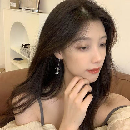 Long bow earrings advanced sense light luxury temperament simple zircon earrings studs fashion personality earrings female summer