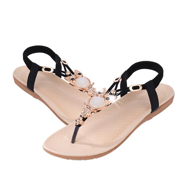 New arrived Owl Beaded Flat Sandals with Toe Clips Beach Flats Sandals Women's Cool shoes black