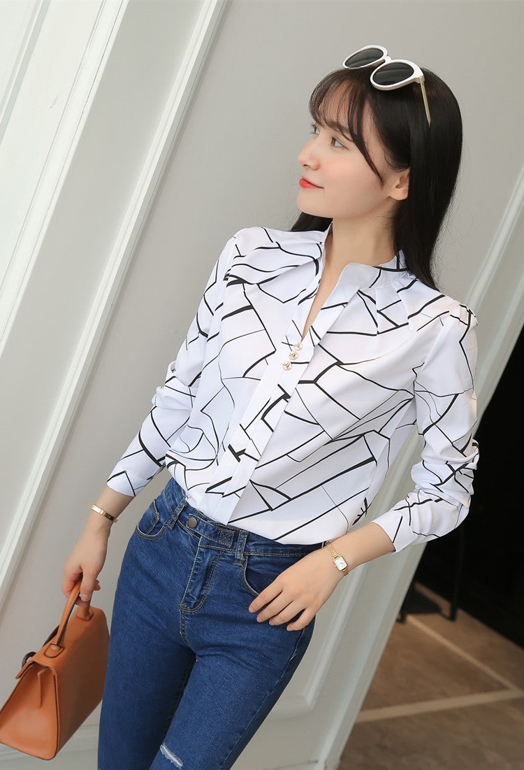 Blouses Smooth Cut Plus-Size Women's White Chiffon Shirt Fashion Commuter Striped Print Casual Long-Sleeved Top