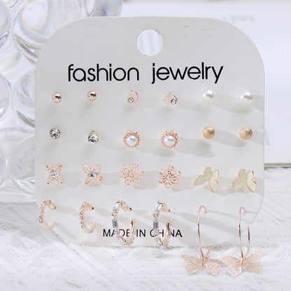 12-Pair Fashion Premium Sense Classic Stud Earrings Set Set Woman Butterfly Peach Heart Set Diamond Earrings Wholesale New Arrival Gift Christmas Black Friday Valentine's Day